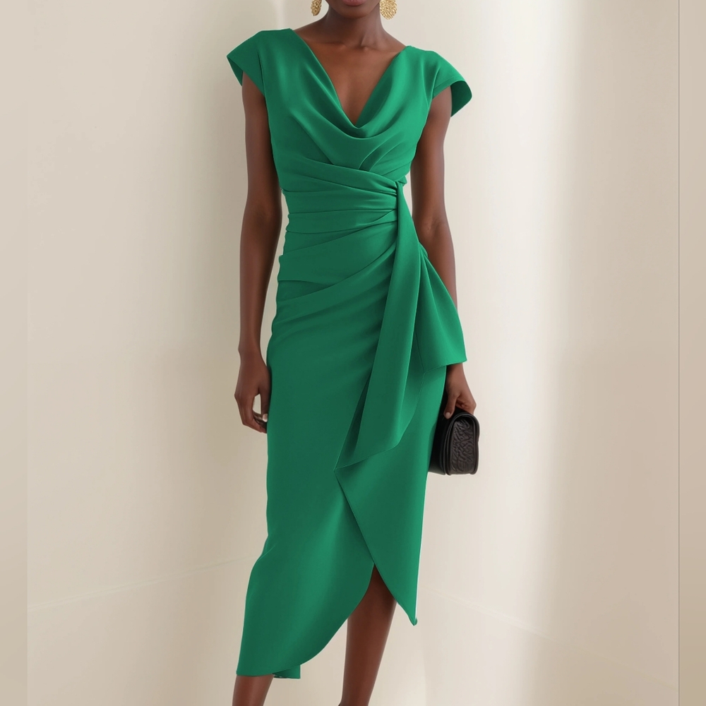 NWT Fehaute Green Cowl Neck Ruched Cap Sleeve Sheath Midi Dress Size 2 US